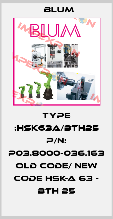 TYPE :HSK63A/BTH25 P/N: P03.8000-036.163 old code/ new code HSK-A 63 - BTH 25 Blum