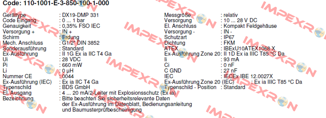 DMP 331 Code - 110-1001-E-3-850-100-1-000  Bd Sensors