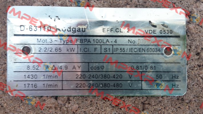 FBPA 100LA-4 - alternative is  IE2AC10LA428, type ACA 100 LA-4/HE  AC Motoren