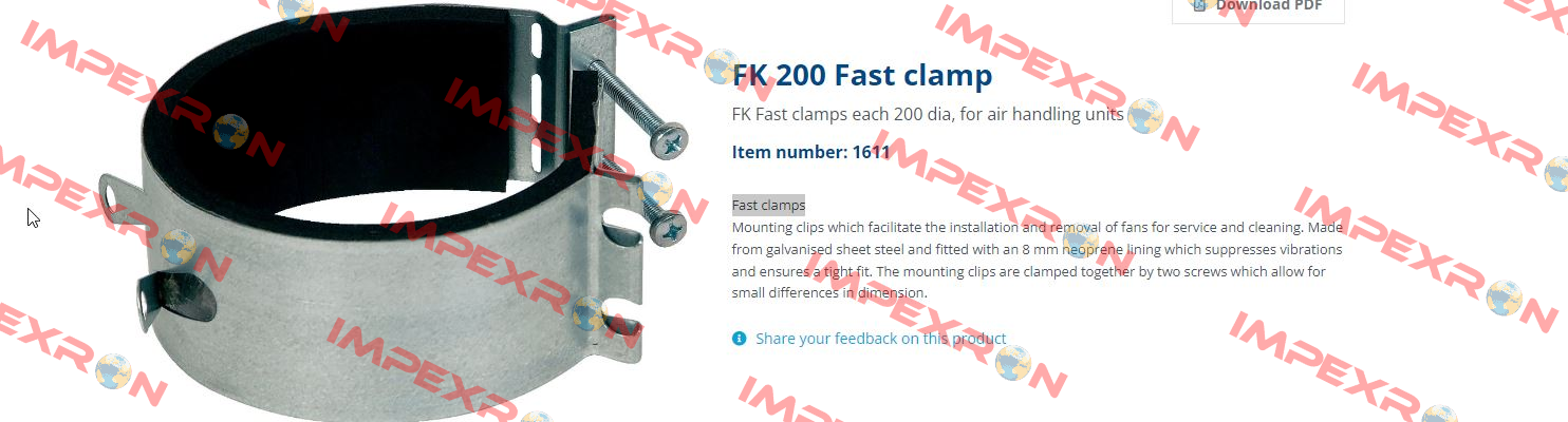 Item No. 1611, Type: FK 200 Fast clamp Systemair
